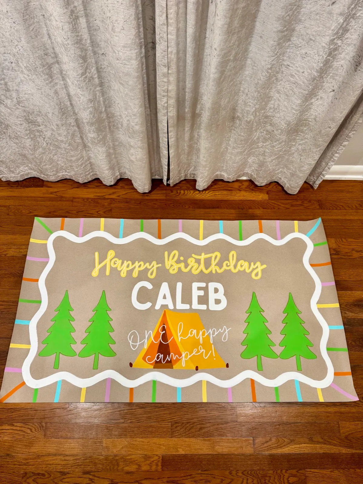 Caleb’s “one happy camper” birthday — hand-painted banner by SATX Painted Banners