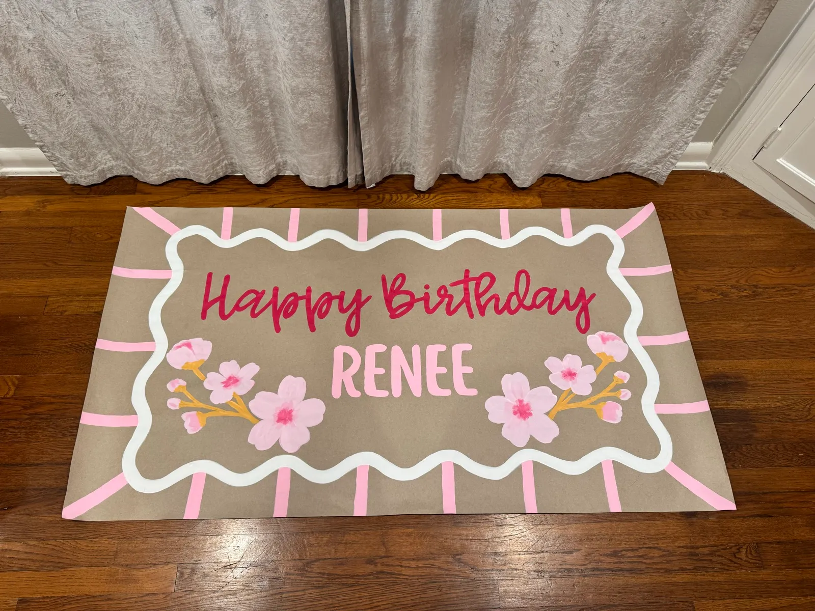 Renee’s cherry-blossom birthday — hand-painted banner by SATX Painted Banners