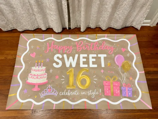 Hand-painted Sweet 16 birthday banner reading Happy Birthday Sweet 16 with a cake, balloons and tiara on kraft paper